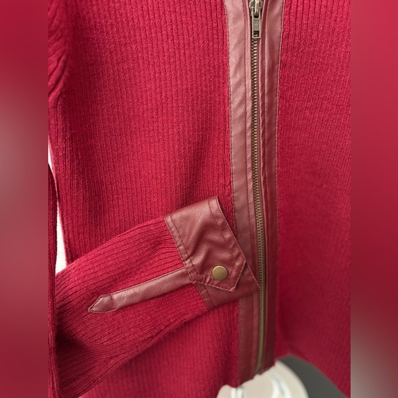 Vintage Burgundy Zip Sweater Jacket. Ribbed Knit with faux Leather Trim. Sz L - Picture 4 of 5